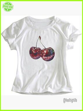 White Short-Sleeve Tee with Disco Cherry Graphic